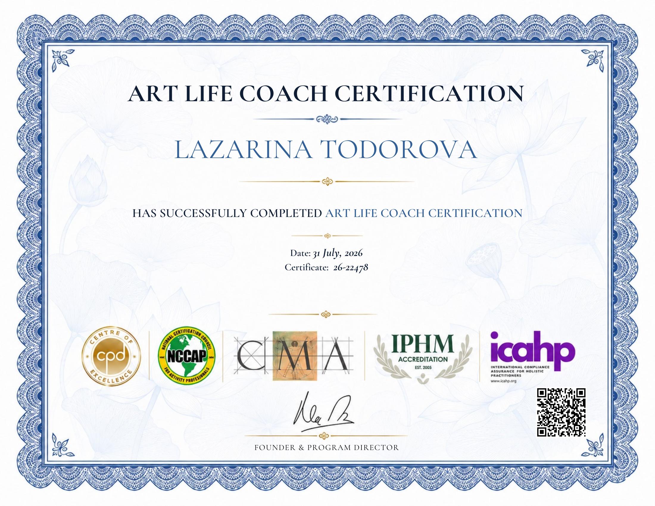 Art Life Coach Certification for Lazarina Todorova